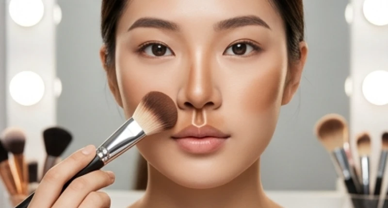 Thao tác dùng cọ dặm phấn tạo khối sẫm màu để làm rãnh nhân trung thêm sâu và nổi bật viền môi trên