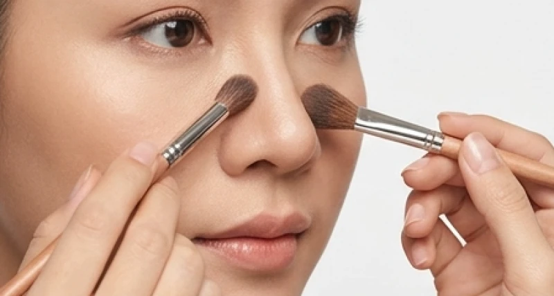 Thao tác dùng cọ tán phấn tối màu dọc theo hai bên sống mũi và chóp mũi để tạo hiệu ứng thon gọn