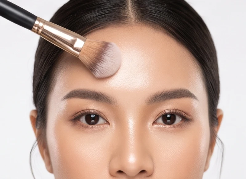 Thao tác tán phấn highlight ở vùng trung tâm giúp vầng trán bắt sáng và mở rộng không gian đa chiều
