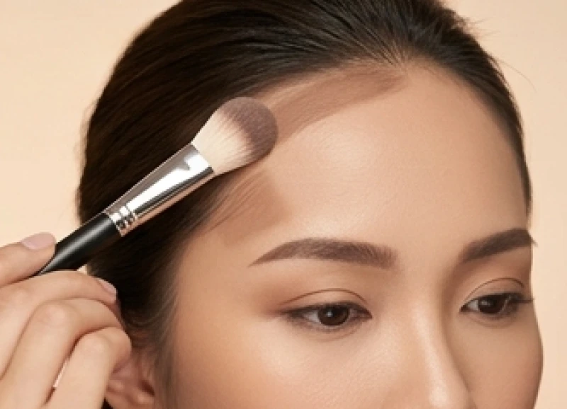 Kỹ thuật dùng cọ trang điểm tán phấn khối viền chân tóc để thu gọn diện tích thượng đình quá rộng