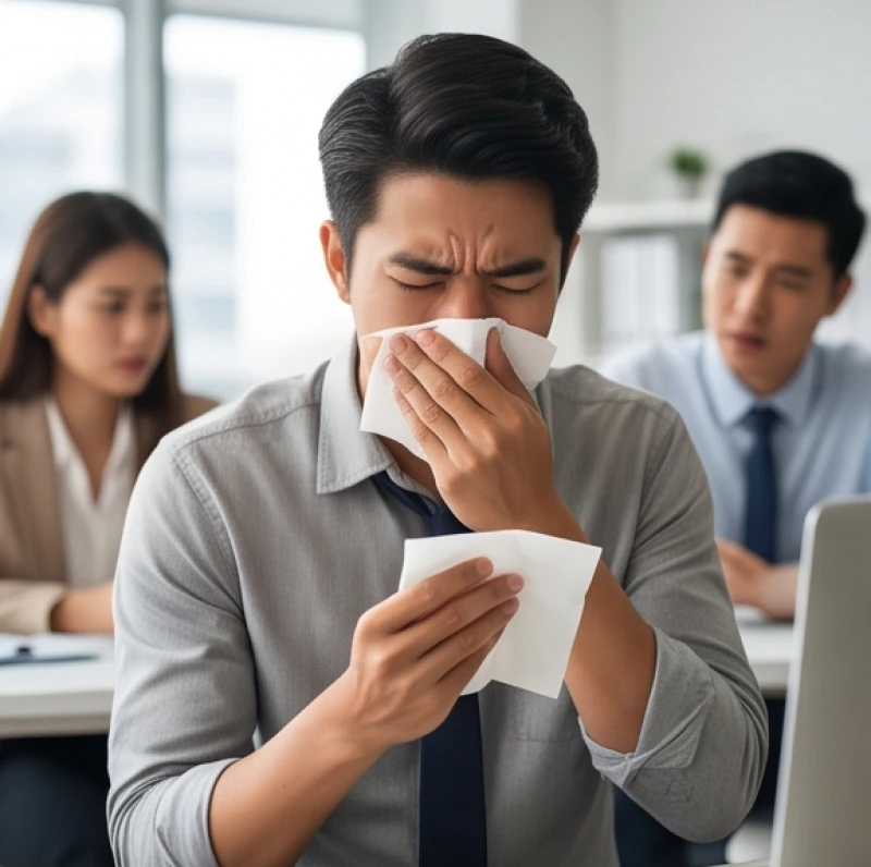 Nhảy mũi là điềm gì: Tra cứu theo giờ, số lần và giới tính 4 Một người đàn ông đang dùng khăn giấy che miệng khi bị nhảy mũi liên tục thành tràng dài ở văn phòng