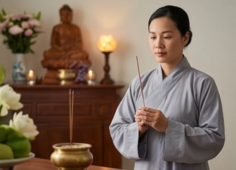 Văn khấn Phật hàng ngày tại gia: Bài cúng chuẩn nghi thức 7 Phật tử mặc áo tràng màu lam trang nghiêm thực hiện nghi thức dâng hương