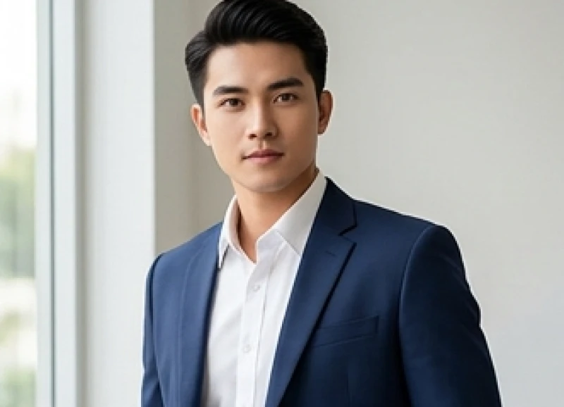 Màu trang phục hợp tuổi Tý: công thức phối riêng nam và nữ 2 Chàng trai công sở mặc áo khoác xanh dương đậm kết hợp áo sơ mi trắng tinh tế.