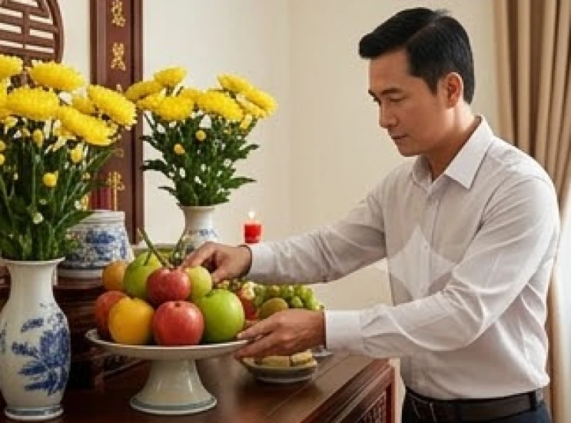 Văn khấn tất niên gia tiên: Bản Nôm chuẩn và trình tự nghi lễ 11 Gia chủ mặc áo sơ mi dài tay lịch sự đang cẩn thận lau dọn và bày trí trái cây trên bàn thờ