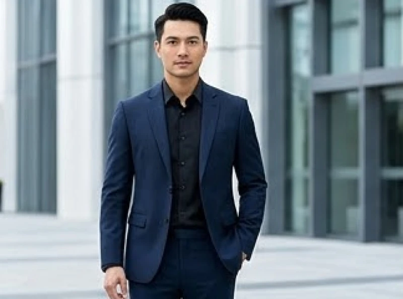 Nam giới mặc bộ vest màu xanh navy đậm đi kèm áo sơ mi đen thanh lịch