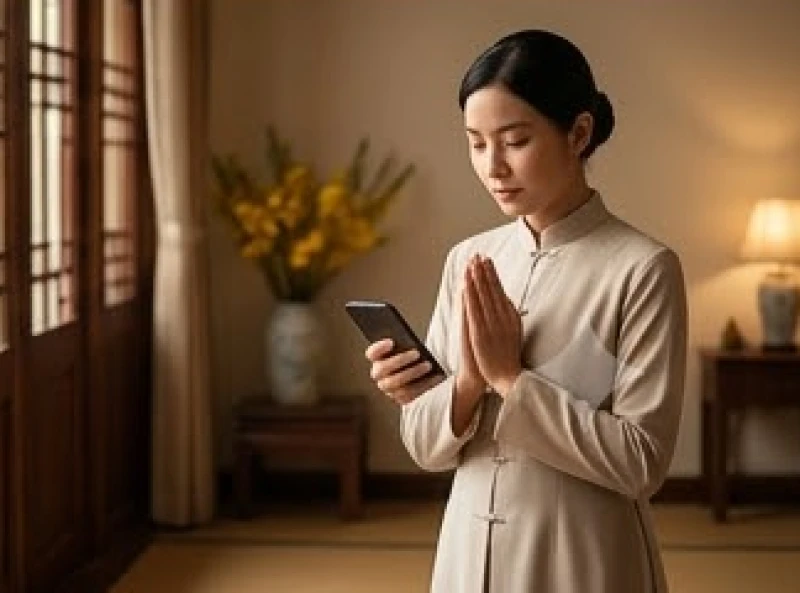 Gia chủ mặc trang phục chỉnh tề, đứng trang nghiêm chắp tay đọc bài khấn qua điện thoại