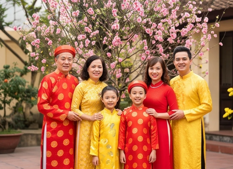 Gia đình mặc áo dài màu đỏ tươi và vàng rực rỡ khi chuẩn bị thực hiện nghi thức xuất hành