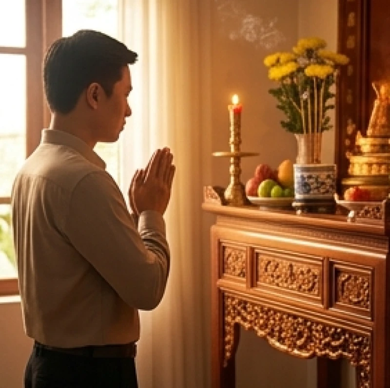 Gia chủ mặc trang phục chỉnh tề chắp tay thành kính trước ban thờ không gian trang nghiêm