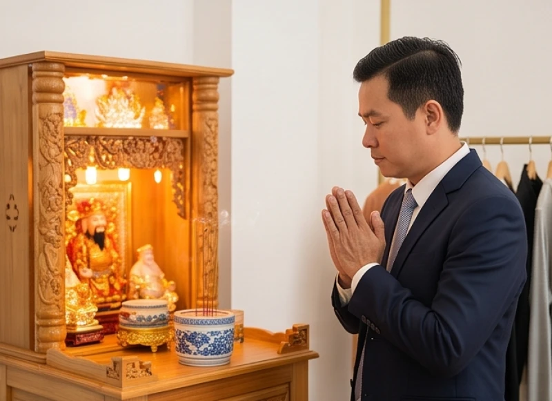 Văn khấn ngày rằm tại cửa hàng: Bài cúng Thần Tài và mâm lễ chuẩn 7 Chủ shop ăn mặc lịch sự, chắp tay thành kính khi thực hiện nghi thức đọc bài khấn