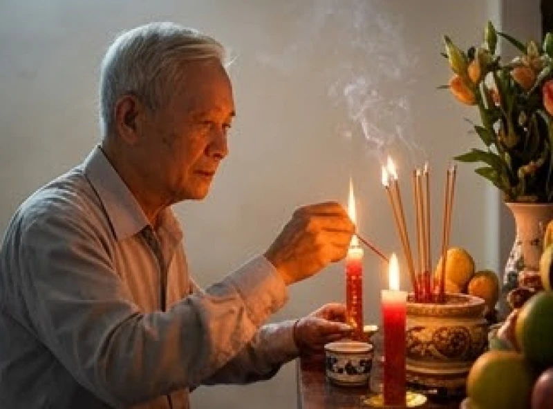Văn khấn rằm tháng Giêng: Trình tự từng ban và quy tắc hóa vàng 8 Gia chủ mặc trang phục áo có cổ chỉnh tề đang đứng chắp tay đọc văn khấn rằm tháng Giêng