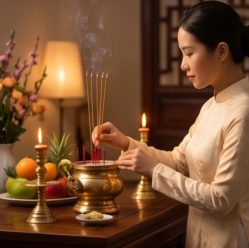 Văn khấn tất niên chiều 30 Tết: Bài cúng chuẩn và nghi thức hạ lễ 10 Gia chủ mặc áo dài truyền thống chỉnh tề đang cẩn thận thắp từng nén nhang lên bát hương gia tiên