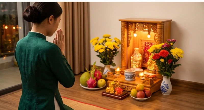 Nam giới mặc bộ pháp phục dài tay màu lam trang nghiêm, chắp tay thành kính đứng trước ban thờ