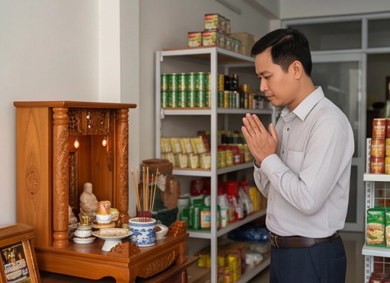 Người đàn ông mặc áo sơ mi lịch sự chắp tay đứng thẳng người khi thực hiện nghi thức cúng xin lộc tại cửa hàng