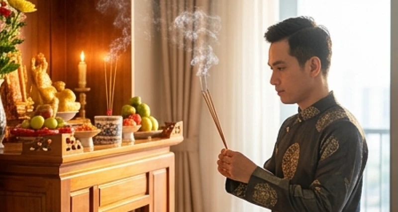 Văn khấn Thổ Công mùng 1 Tết: Bài cúng chuẩn và cách xưng thỉnh 2 Gia chủ nam mặc áo dài truyền thống thắp hương trên bàn thờ Thổ Công sáng mùng 1 Tết