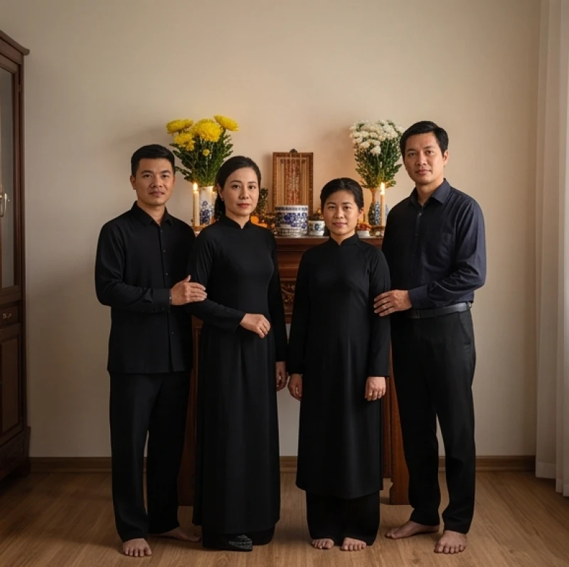 Các thành viên trong gia đình mặc trang phục tối màu, kín đáo đứng chắp tay thành kính phía sau
