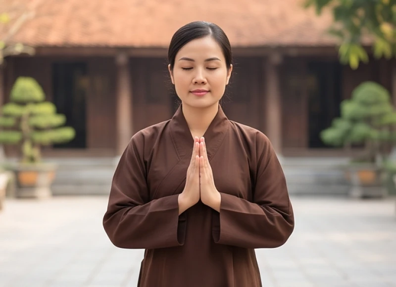 Người phụ nữ mặc bộ đồ lam cư sĩ màu nâu giản dị, chắp tay trang nghiêm trước sân chùa