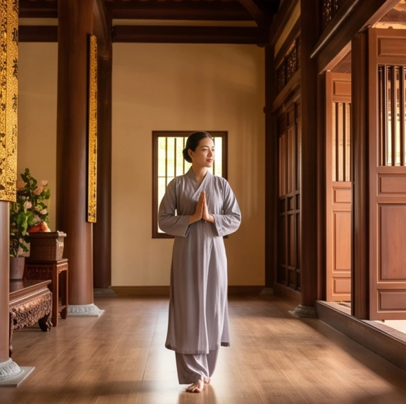 Người hành hương mặc trang phục dài tay giản dị, di chuyển chậm rãi theo chiều kim đồng hồ quanh khu vực đảnh lễ