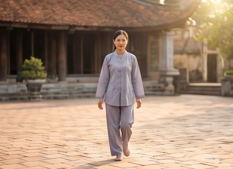 Nữ Phật tử mặc bộ quần áo lam truyền thống kín đáo đang nhẹ nhàng bước qua khoảng sân gạch của ngôi chùa
