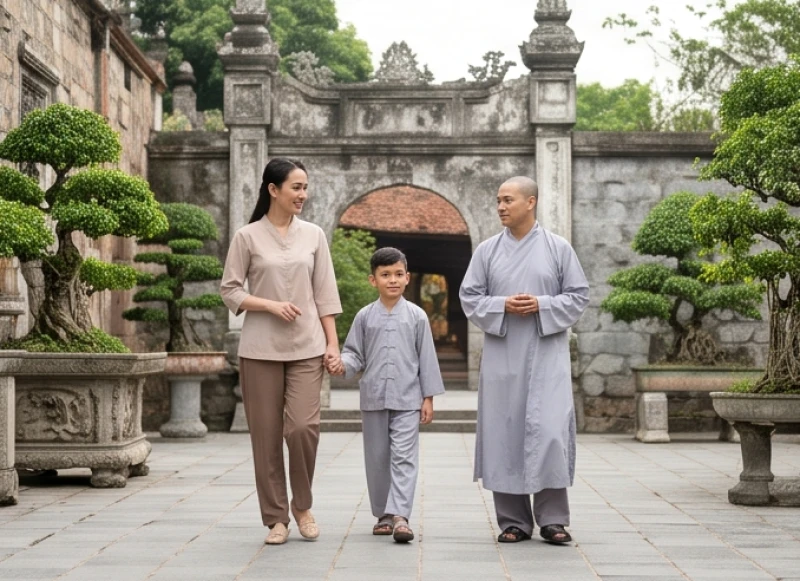 Văn khấn cầu an: Bài khấn chuẩn, cách sắm lễ và chọn ngày giờ 9 Gia đình mặc áo tràng và trang phục kín đáo khi đi lễ chùa để giữ gìn sự tôn nghiêm