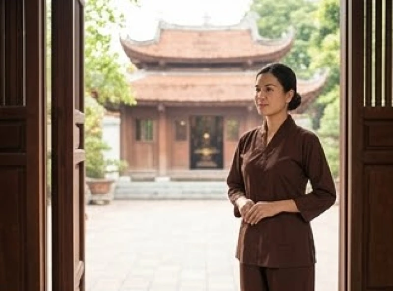 Văn khấn khi vào chính điện: Chuẩn nghi thức chùa và gia tiên 3 Một người mặc áo lam truyền thống chuẩn bị bước qua bậu cửa để đọc văn khấn khi vào chính điện