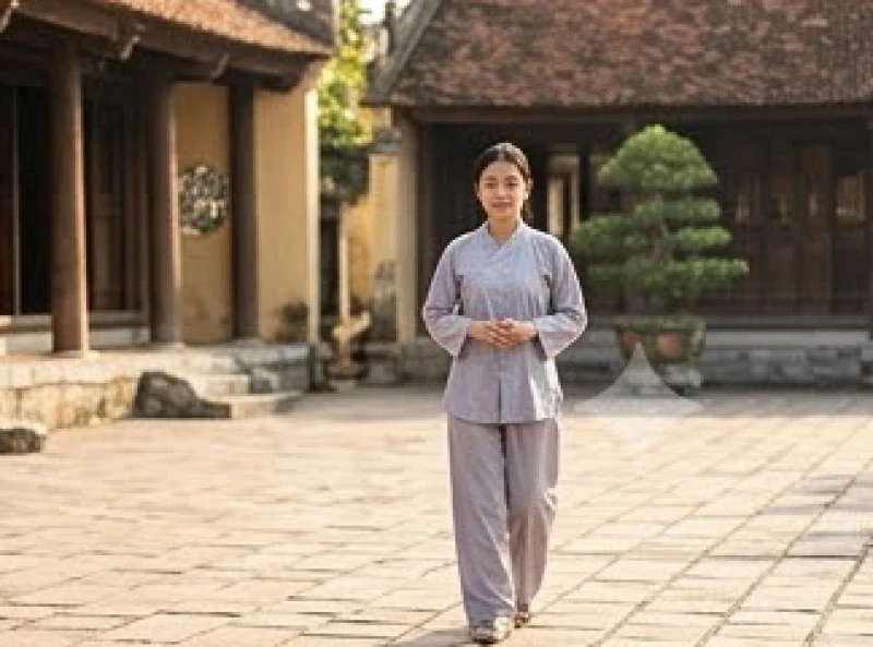 Thiếu nữ mặc bộ pháp phục màu lam nhã nhặn đang bước đi nhẹ nhàng qua khoảng sân ngập nắng của ngôi cổ tự