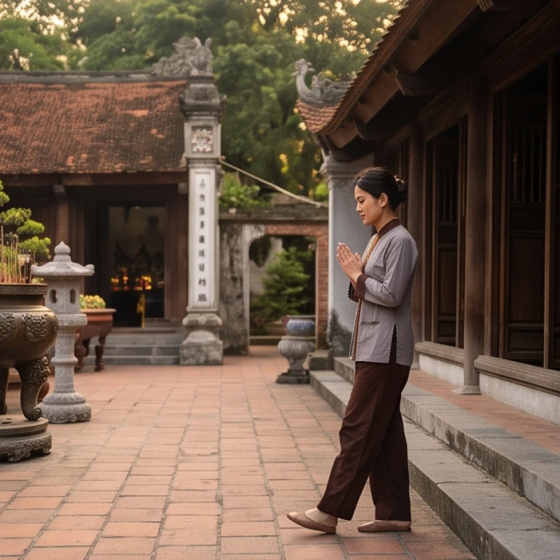 Người chiêm bái mặc trang phục áo lam thanh lịch và kín đáo khi bước vào không gian linh thiêng