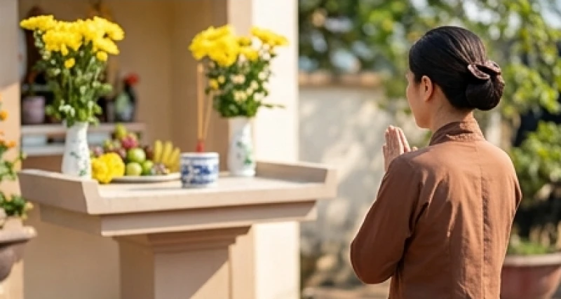Văn khấn Mẫu Cửu Trùng Thiên: Bài cúng đầy đủ và trình tự hành lễ 8 Tín đồ mặc bộ đồ lam truyền thống màu nâu nhã nhặn đang chuẩn bị dâng lễ lên ban thờ