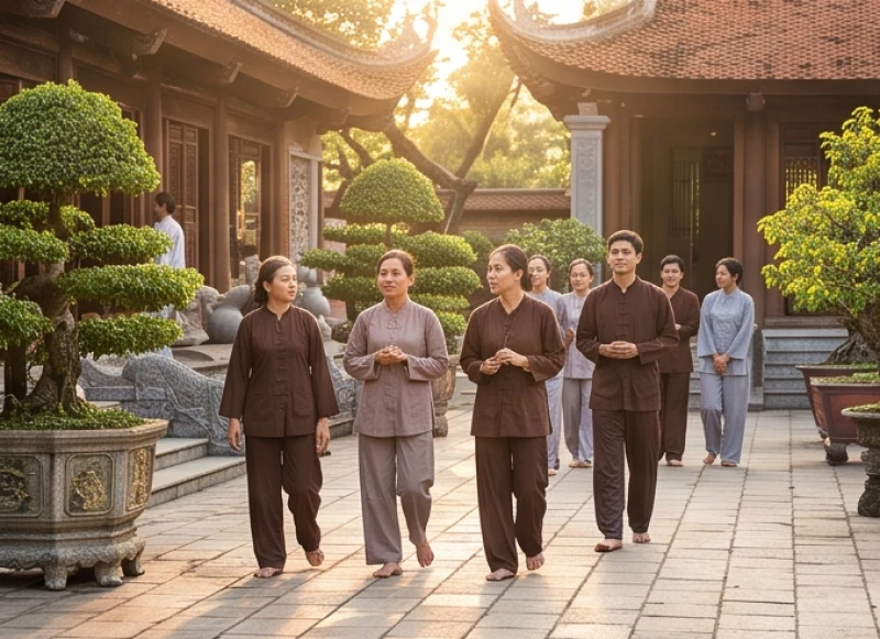 Nhóm Phật tử mặc áo lam truyền thống màu nâu và xám đang bước đi nhẹ nhàng trong khuôn viên chùa