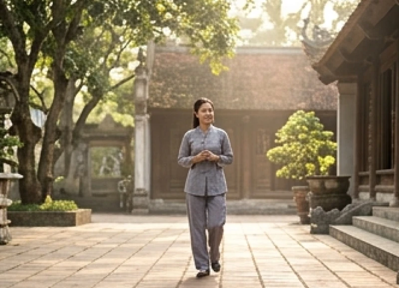 Văn khấn Đức Chúa Ông: Bài cúng chuẩn tâm linh và cách sắm lễ 10 Tín chủ mặc bộ quần áo lam truyền thống, bước đi nhẹ nhàng và tĩnh tại trong khuôn viên thanh tịnh của tự viện