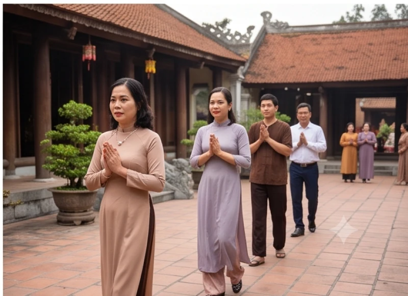 Những người hành hương mặc trang phục kín đáo, nhã nhặn khi di chuyển trong khuôn viên đền linh thiêng