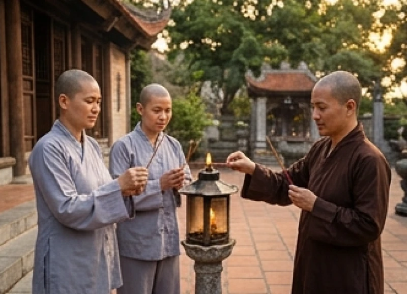 Văn khấn Đền Cửa Ông: Trọn bộ bài khấn và trình tự dâng lễ chuẩn 8 Du khách mặc áo tràng lam và trang phục nhã nhặn đang thành tâm châm nhang từ ngọn nến ở sân đền