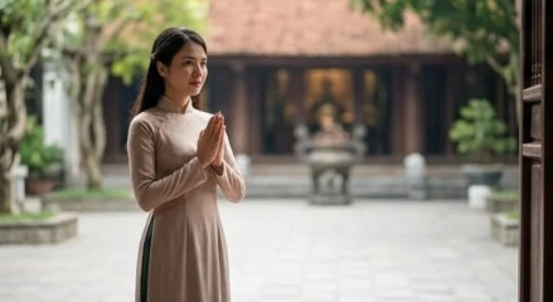Văn khấn Đền Cô Bé Chí Mìu: Bài xin lộc, lễ tạ chuẩn nghi thức 7 Người hành hương mặc trang phục kín đáo và lịch sự khi dâng lễ tại không gian thờ tự
