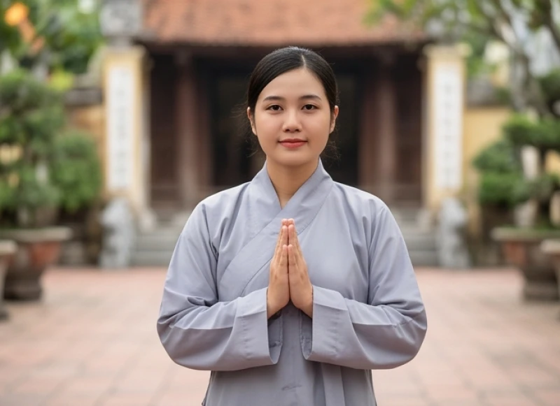 Văn khấn Bà Chúa Năm Phương: Bài cúng chuẩn và cách sắm lễ 10 Nữ giới mặc áo tràng lam kín đáo và trang nghiêm khi bước qua cửa đền thắp hương