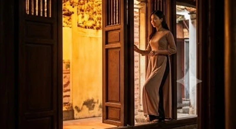 Văn khấn Huyền Thiên Trấn Vũ: Bài khấn chuẩn và nghi thức dâng lễ 8 Người phụ nữ mặc áo dài truyền thống kín đáo, lịch sự bước qua bậu cửa gỗ tiến vào dâng lễ.