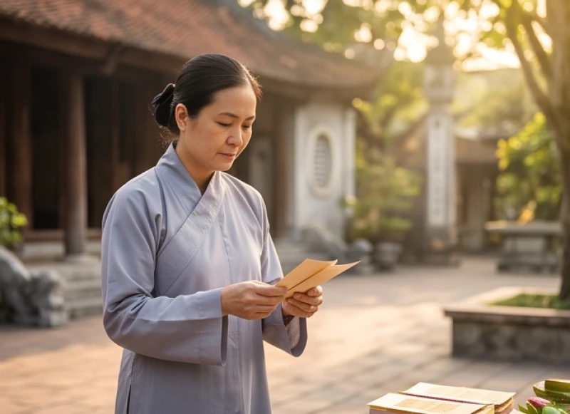 Người phụ nữ mặc áo lam truyền thống nhã nhặn cẩn thận xếp sớ dâng lễ tại không gian linh thiêng