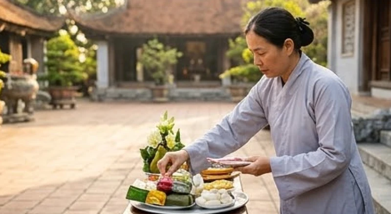Tín chủ mặc trang phục pháp phục màu lam nhã nhặn đang thành tâm sắp xếp mâm lễ