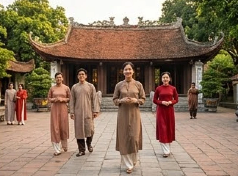 Du khách mặc trang phục truyền thống lịch sự giữ thái độ điềm đạm khi bước vào sân đền