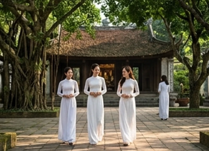 Những người phụ nữ mặc áo dài và trang phục nhã nhặn đang thành tâm vái lạy tại sân đền