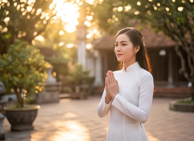Người đi lễ mặc áo dài trắng và áo lam nhã nhặn thành kính dâng hương tại đền Cô Bơ