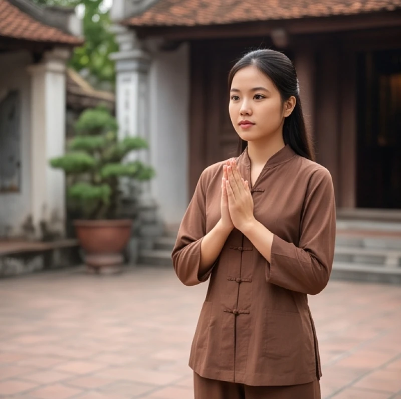 Tín đồ mặc trang phục đi lễ đền phủ kín đáo với áo tràng lam trang nghiêm
