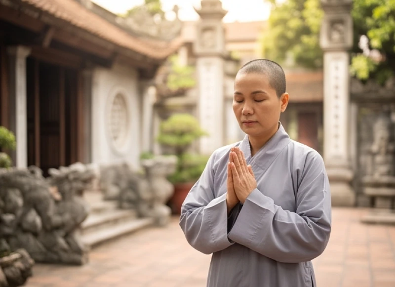 Người đi lễ mặc áo tràng lam trang nghiêm đứng chắp tay thành kính trước sân đền phủ tĩnh lặng