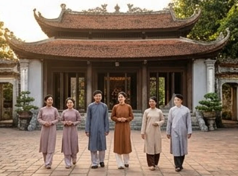 Nhóm phật tử, du khách mặc áo lam và trang phục truyền thống lịch sự khi đi dâng hương