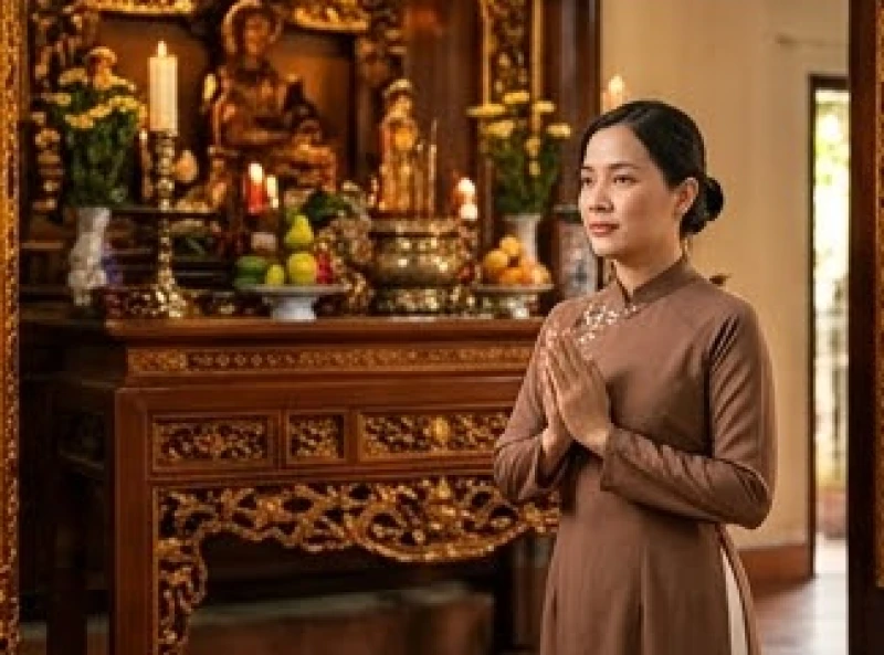 Văn khấn ban Sơn Trang: Bài cúng chuẩn, sắm lễ 15 món và hạ lễ 9 Tín đồ mặc áo dài truyền thống với màu sắc trang nhã, chắp tay thành kính vái lạy trước ban thờ chúa Thượng Ngàn