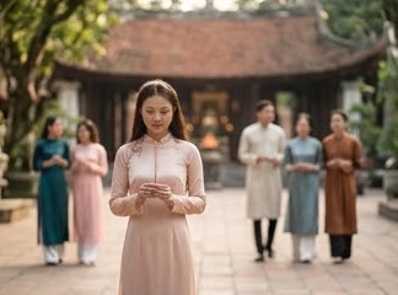 Du khách mặc trang phục áo dài truyền thống lịch sự và kín đáo khi đến chiêm bái đền thiêng
