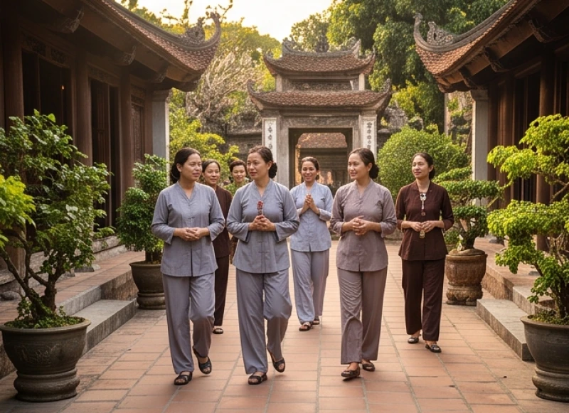 Du khách mặc trang phục kín đáo lịch sự khi dâng hương tại không gian tâm linh