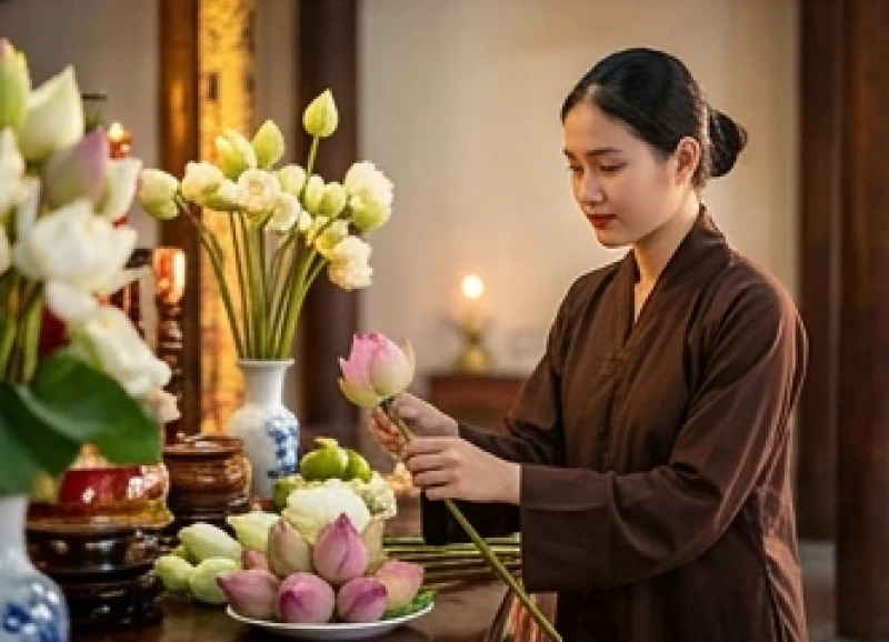 Tín đồ trong bộ áo tràng lam nhã nhặn đang dâng hoa tươi tại điện thờ Thánh Mẫu
