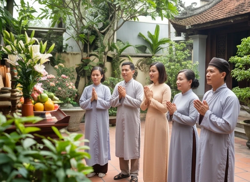 Văn khấn Thành Hoàng làng: Bài cúng chuẩn tại đình và bái vọng 6 Nam nữ mặc áo pháp phục kín đáo chắp tay cung kính khi bước vào không gian sân đình