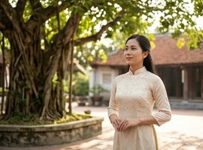 Phụ nữ mặc áo dài truyền thống kín đáo khi đến hành hương tại An Sơn Miếu