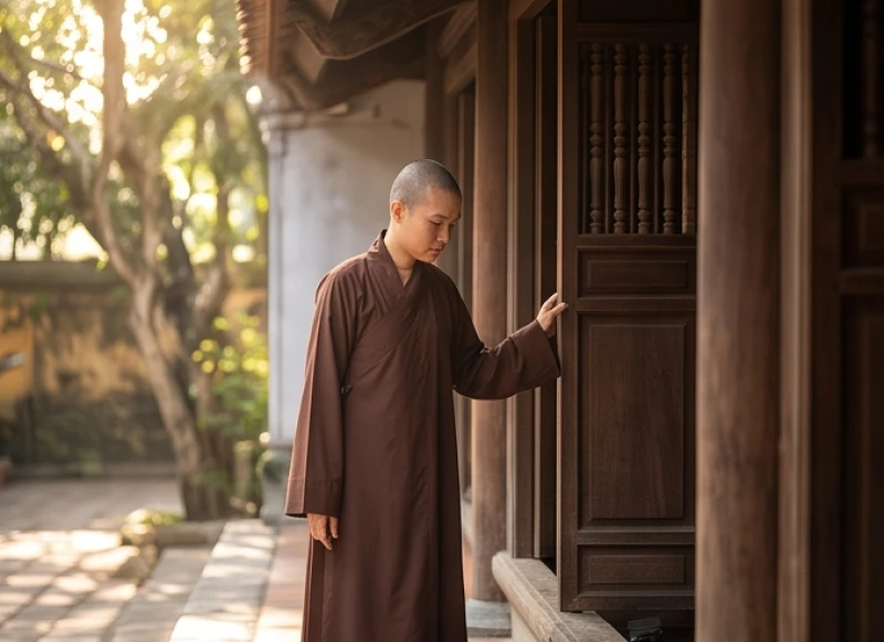 Văn khấn tại miếu: Hướng dẫn sắm lễ, bài trí và bài khấn chuẩn 4 Người phụ nữ mặc áo tràng nâu giản dị bước qua cửa phụ của ngôi miếu