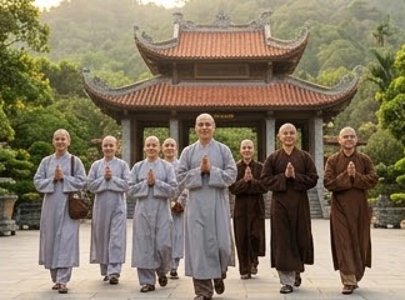 Nhóm du khách mặc áo tràng lam dài tay lịch sự và kín đáo khi tiến vào khu vực chính điện dâng lễ